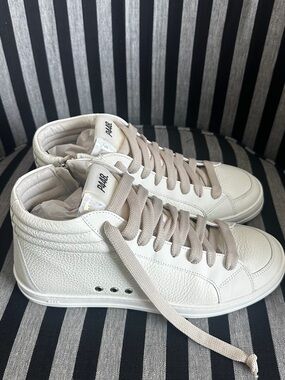 P448 Women’s White High-Top Sneakers with Taupe Laces